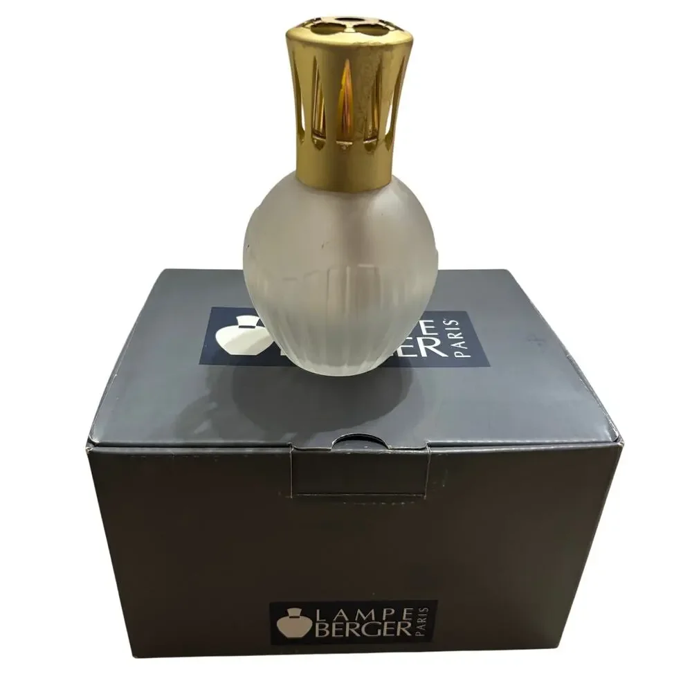 Vintage Lampe Berger Paris Frosted Swirl Glass Gold Crown Top Box